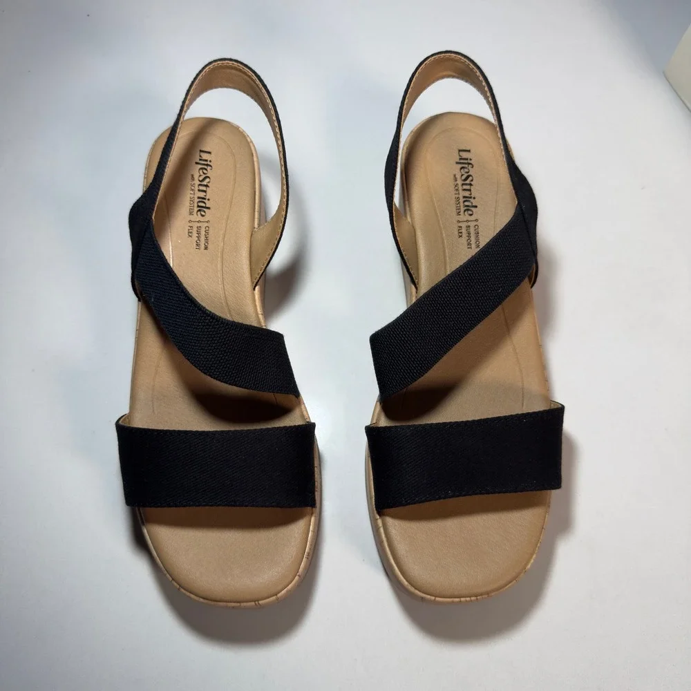 LifeStride Odette Wedge Sandals Womens 8 Black New Canvas Cork Platform Comfort
